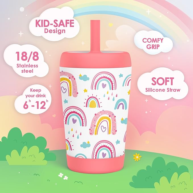 Kid Insulated Stainless Steel Tumbler with Silicone Straw, 12oz Sippy Cup for Kids (Sweet Rainbows)-BubblyBeeBaby