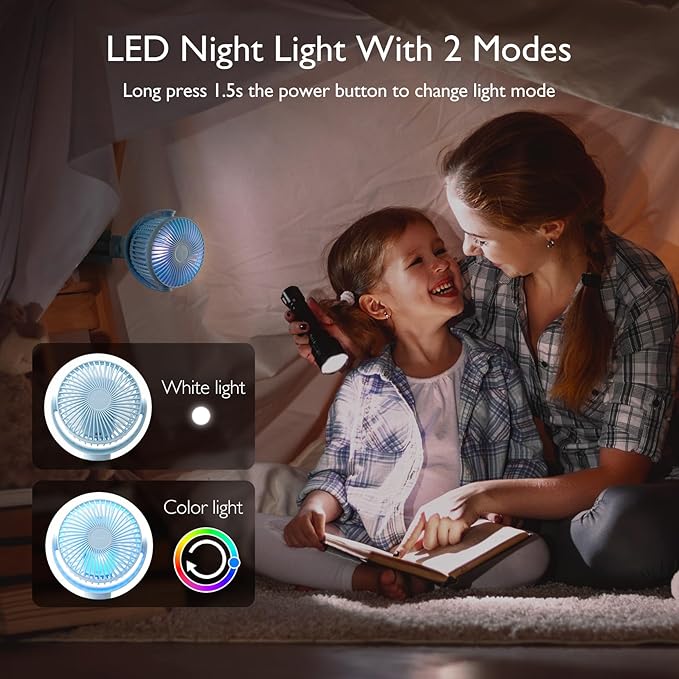 Momcozy Portable Stroller Fan, 8000mAh, 27H Ultra-long Battery Life, Detachable 4 Speed 360°Rotate, LED Night Light with 2 Modes, USB Rechargeable Handheld Cooling Fan for Travel, Car Seat, Bedroom-BubblyBeeBaby