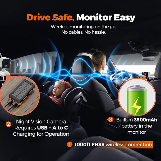 Wireless Baby Car Camera Monitor 5" HD 1080P IPS, 360° Rotating Camera with Auto/Manual Night Vision, 1000ft Range, Anti-Glare Display & USB Charging for Backseat, Home, Travel，Camping-BubblyBeeBaby