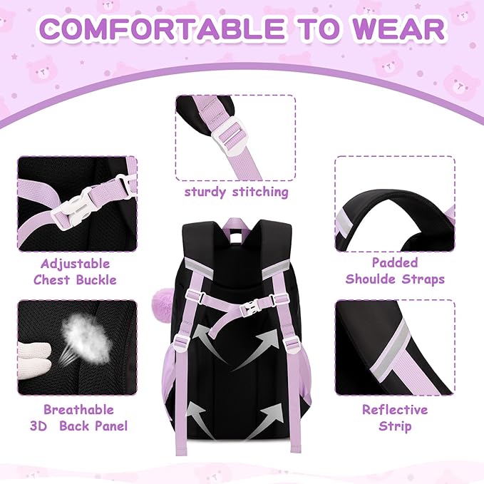 Kids Backpack for Girls School Bags for Middle School Students Book Bag for Elementary Primary Kawaii Ita Backpack, Black and Purple-BubblyBeeBaby