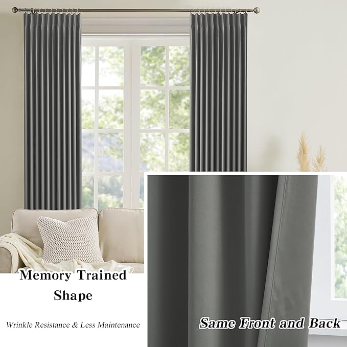 KEQIAOSUOCAI Blackout Pleated Curtains 105 Inches Long, Privacy Window Drapes for Living Room/Dining Room/Bedroom, 72 Inch Wide x 105 Inch Long,Grey Color, Pinch Pleat with Hooks, 2 Panels-BubblyBeeBaby