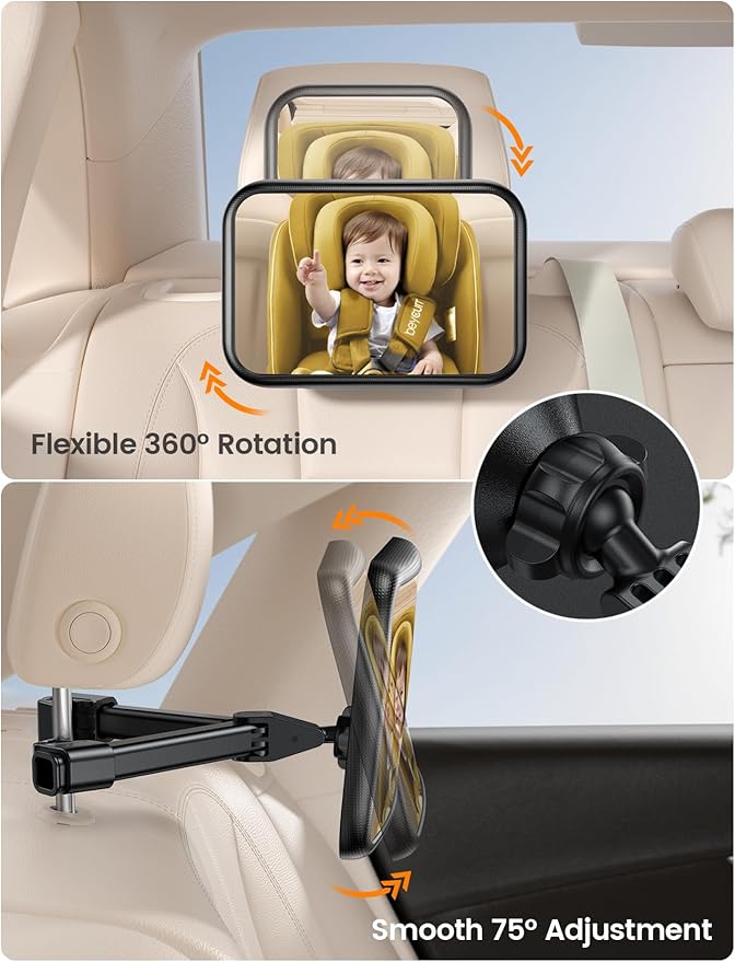 Lamicall Baby Car Mirror for Backseat - [2025 Safest Triangle Hook Clip] Acrylic Car Seat Mirror for Rear Facing, 360° Rotation & Wide Clear View, 3S Quick Install, Newborn Baby Essentials Accessories-BubblyBeeBaby