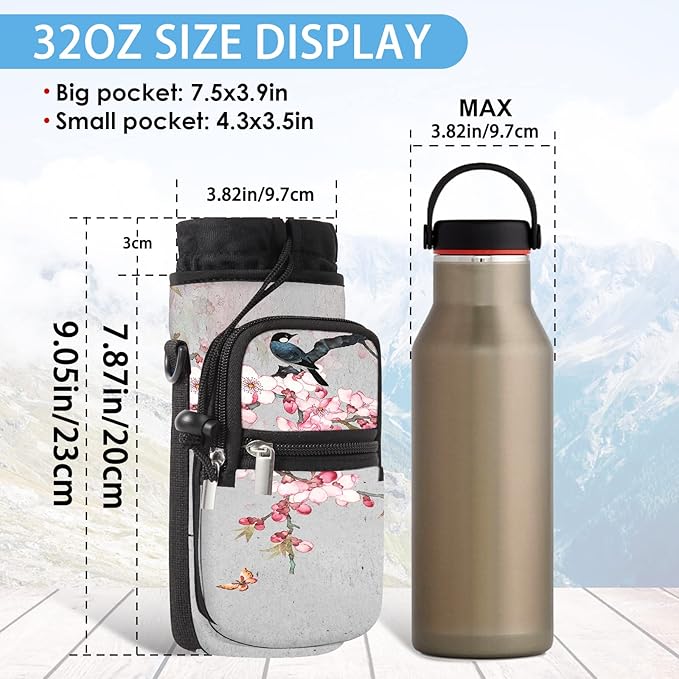 25/32/40/64oz Water Bottle Bag Holder Carrier-Insulated Crossbody Sling Case Sleeve with Strap & Pockets for Men Women Gym Cycling Travel Walking Hiking Camping-BubblyBeeBaby