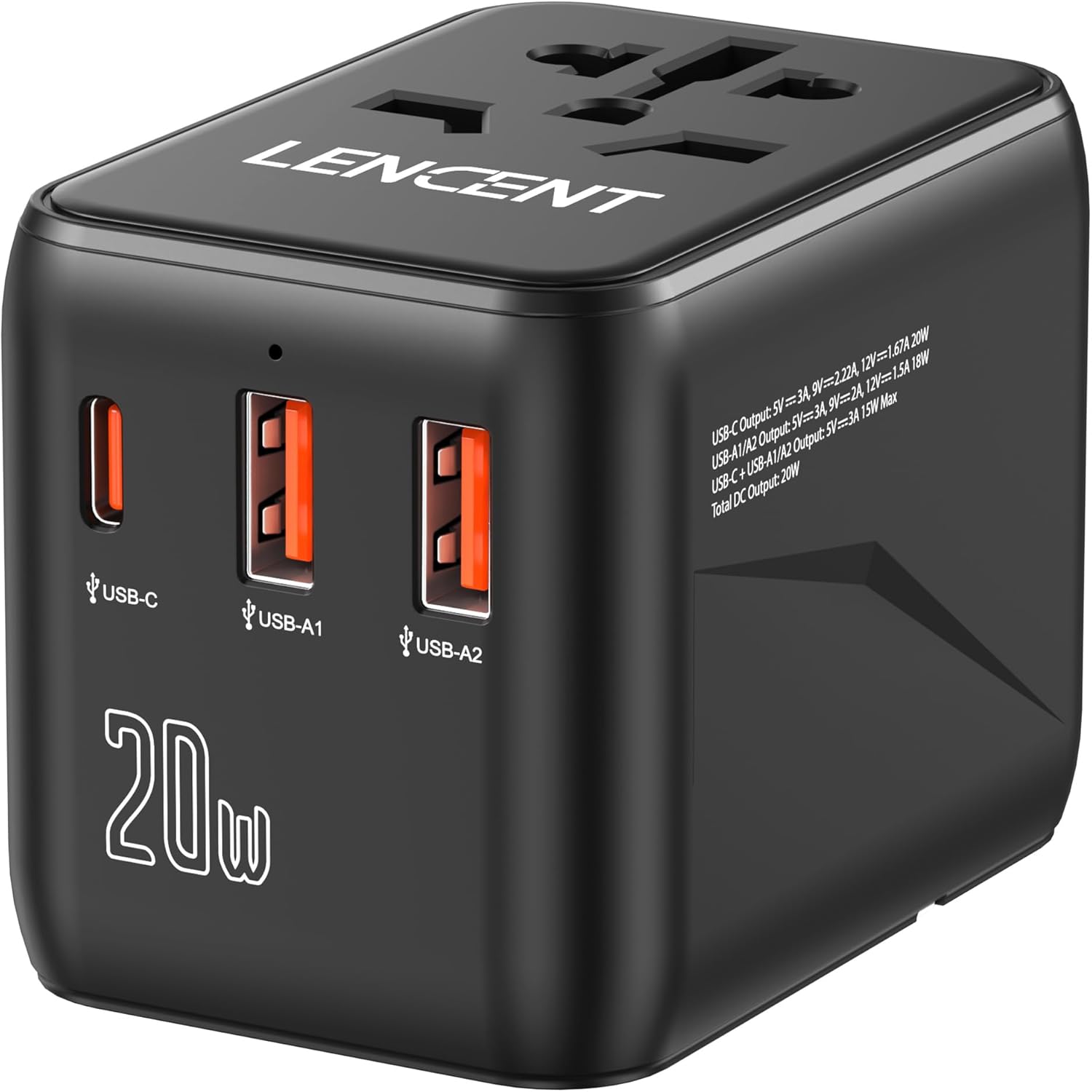 LENCENT Universal Travel Adapter, PD20W International Charger with 2 USB Ports & Type-C Fast Charging Adaptor, Worldwide Wall Charger for iPhone,Laptop, USA/UK/EU/AUS (Black-20W)