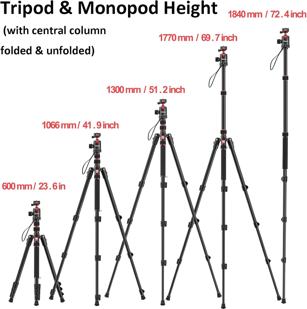 ULANZI TT31 72.4" Camera Tripod, Foldable Tripod & Monopod Aluminum w Claw Quick-Release Plate, 360°Ball Head Detachable w 180°Revertible Legs, Weight 3.42lb, Payload 33lb,for Camera/DSLR/Camcorder