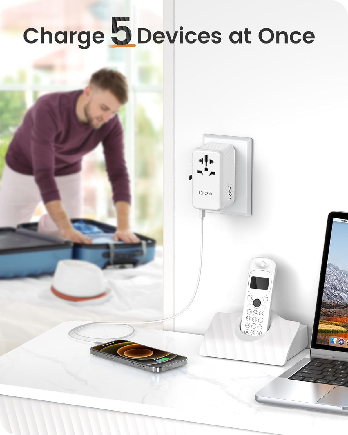 LENCENT 140W Universal Travel Adapter, International Plug Adaptor, GaN Fast Charger with 3 PD3.1 Type C+1 QC USB A, All in One Travel Essentials, Worldwide Plug Adapter for USA/UK/EU/AU, White