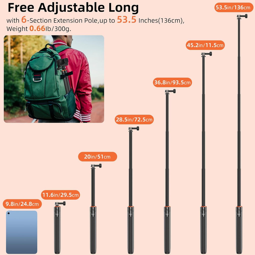 53.5" Portable Travel Selfie Stick Tripod for DJI Osmo Pocket 3, GoPro - Extendable Vlog Handle Stand for Go Pro Max, Hero 13/12/11/10/9, DJI Action 5 Pro/4, Insta360 X5 - Action Camera Accessories