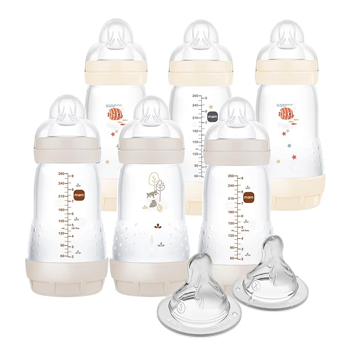 MAM 9oz Easy Start Anti-Colic Baby Bottles, Medium Flow with 2X Bonus Nipples (Fast and Extra Fast Flow), Reduces Colic, Gas, & Reflux, Easy-to-Clean, BPA-Free, 2 Plus Months-BubblyBeeBaby