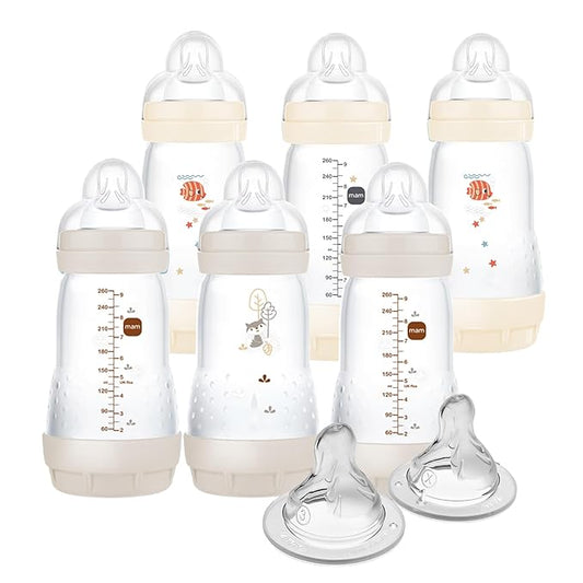 MAM 9oz Easy Start Anti-Colic Baby Bottles, Medium Flow with 2X Bonus Nipples (Fast and Extra Fast Flow), Reduces Colic, Gas, & Reflux, Easy-to-Clean, BPA-Free, 2 Plus Months-BubblyBeeBaby