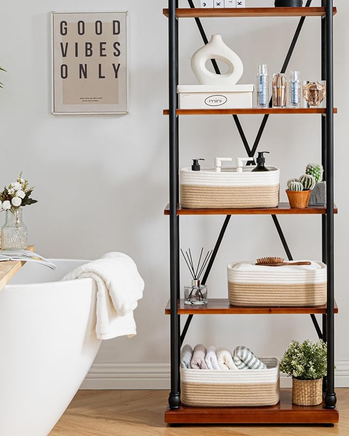 KALLAX Small Woven Basket, 13.5 x 9.5 x 5 Inches, Storage Basket for Organizing, Cute Small Rope Shelf Closet Cube Storage Bins Baskets for Shelves, Dog Toy Gift Baskets Empty, 3 Pack White & Brown-BubblyBeeBaby