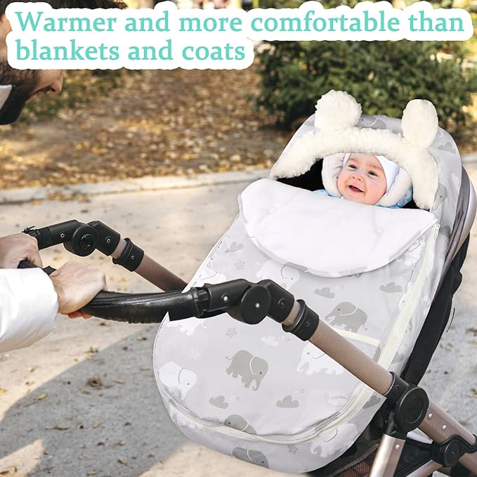Carseat Cover Boys, Winter Cozy & Warm Cover, Elephant Baby Car Seat Cover, Infant Car Seat Canopy, Ultra-Soft Breathable Protect Baby from Cold Wind, Zipped Removable Design-BubblyBeeBaby