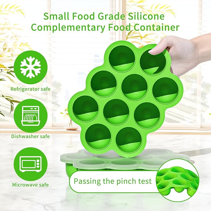 10 Cavities 2 OZ Portions Silicone Baby Food Freezer Tray with Lid,Ice Cube Trays & Molds,Baby Popsicle Mold,Egg Bite Molds,for Freezing and Baking Breast Milk,ice Cube,Egg Bites (Green)-BubblyBeeBaby