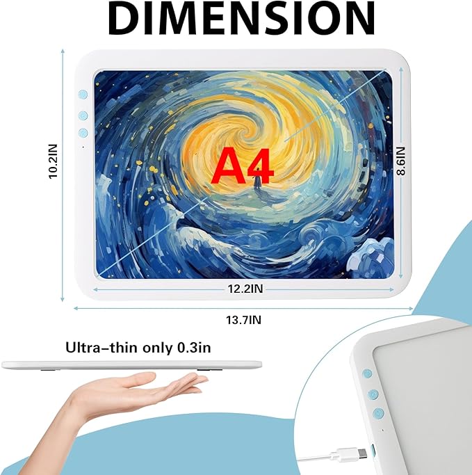 HIUKCOLED Rechargeable A4 Light Pad, Battery Powered Light Board, Stepless/6-level Dimmable Brightness with 3 Colors, Wireless LED Light Tracing Box for Diamond Painting,Drawing,Sketching,Animation-BubblyBeeBaby