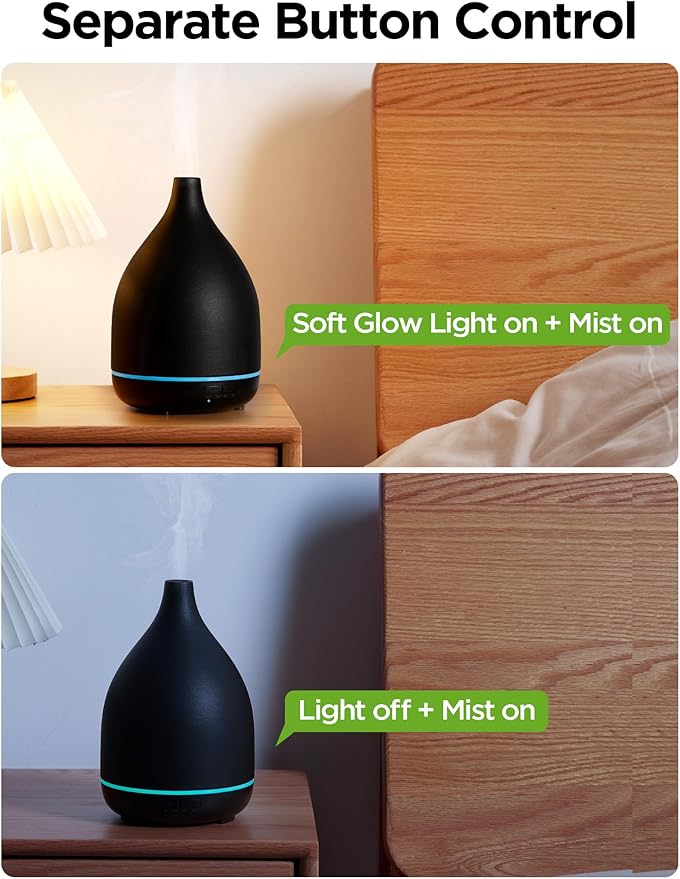 InnoGear Oil Diffuser, 300ML Ceramic Diffuser for Essential Oils Handcrafted Aromatherapy Diffuser Ultrasonic Cool Mist Humidifier with 4 Timers Waterless Auto Off for Room Office, Black-BubblyBeeBaby