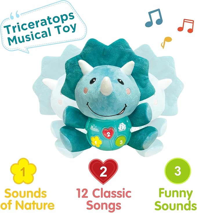 iPlay, iLearn Baby Dinosaur Musical Toys, Newborn Boys Gift, Soft Dino Plush Stuffed Animal, Infant Light Music Time, 1st Birthday Shower Gift Stuffers for 0 1 2 3 6 9 12 18 Month 1-3 Yrs Toddler Girl-BubblyBeeBaby