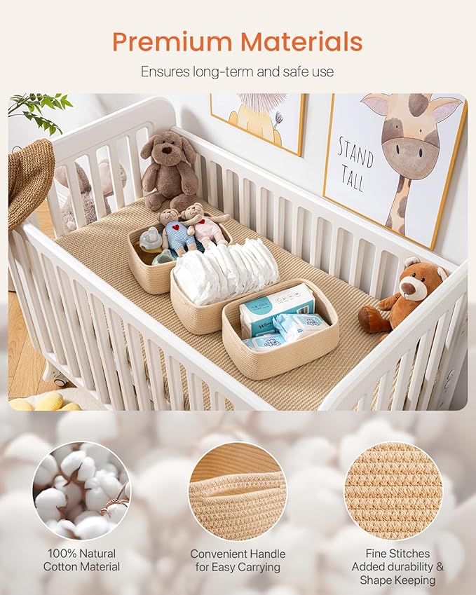 KALLAX Small Woven Basket, 12 x 8 x 4.5 Inches, Storage Basket for Organizing, Cute Small Rope Shelf Closet Cube Storage Bins Baskets for Shelves, Dog Toy Gift Baskets Empty, 3 Packs, Beige-BubblyBeeBaby