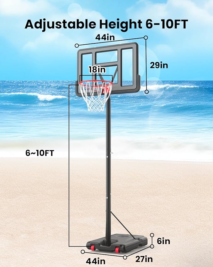 IGL Portable Basketball Hoop, 5.6-10FT Adjustable Basketball Goal System, 44 Inch Outdoor Basketball Hoop & Goals for Kids, Youth, and Adults in The Backyard, Driveway with PC Backboard-BubblyBeeBaby