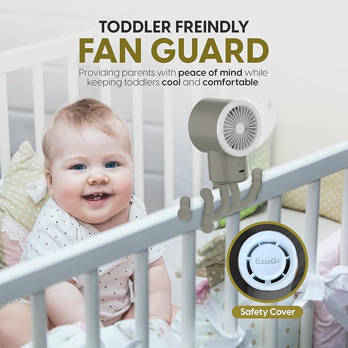 Portable Mini Travel Stroller Fan - Battery Operated, Clip On, Small, Handheld, Rotating, Rechargeable, Personal Fan with Flexible Tripod, 3 Speeds for Baby Crib, Bed Car, Seat Treadmill-BubblyBeeBaby