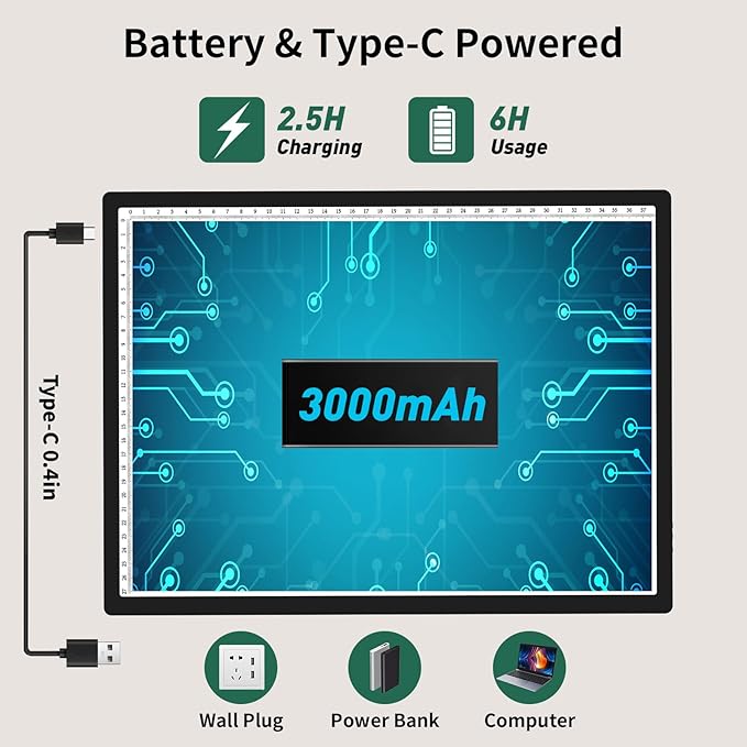 HIUKCOLED A3 Built-in Tilt Stand Light Tracing Box with Carry Bag, 3 Colors/Stepless Dimmable/6-level Brightness Adjustable, Battery Powered LED Light Board for Drawing,Diamond Painting,Sketching-BubblyBeeBaby