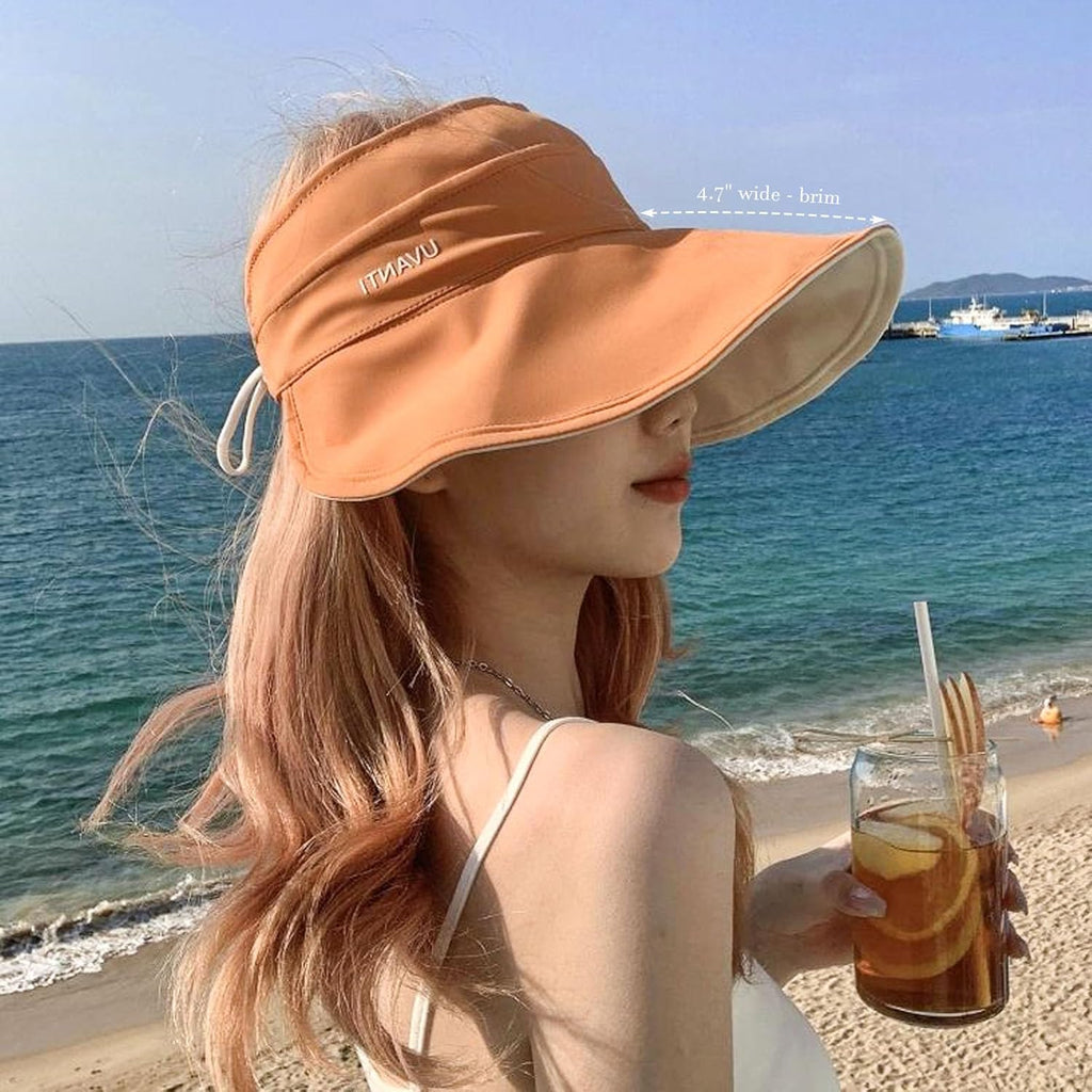 Sun Hats for Womens Wide Brim UV Protection Fishing Hats Packable Reversible Hollow Top Hat with Ponytail Beach Travel Hats
