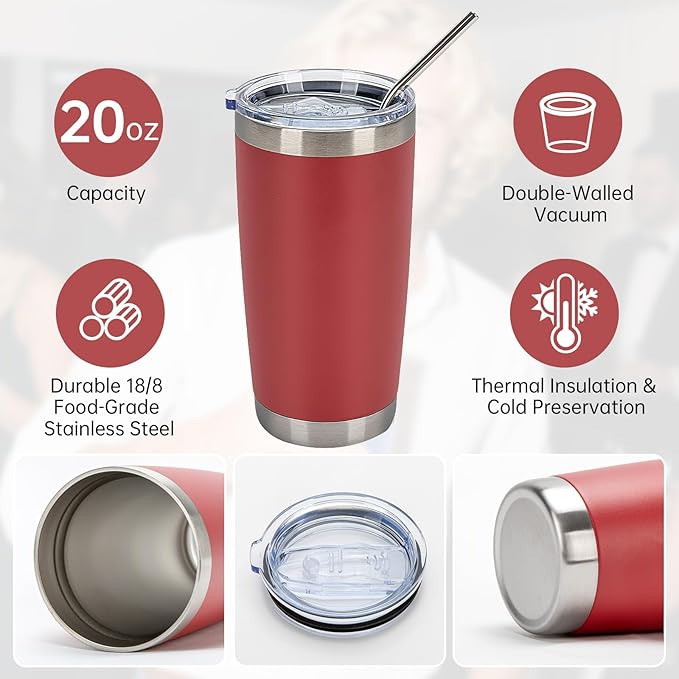 IEOVIEE 32 Pack 20oz Stainless Steel Bulk Tumblers with Lids and Straws Double Wall Insulated Travel Mug Durable Powder Coated Tumbler Bulk Cup for Cold and Hot Drinks(Red)-BubblyBeeBaby