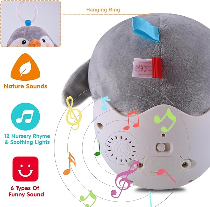Infant Toys 0-3-6-12 Months Shower Gifts, Plush Cute Stuffed Animal Penguin Musical Baby Tummy Toys with Light & Sounds, Roly-Poly Easter Birthday Gift for Newborn Boys & Girls-BubblyBeeBaby