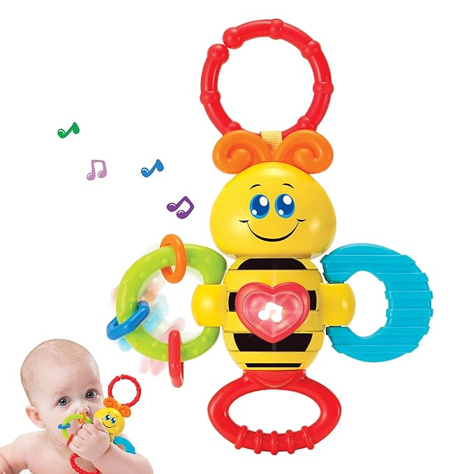 KiddoLab Twist & Rattle Musical Bee Light-Up Toy and Teething Ring for Toddlers - Sensory Chew and Fine Motor Skills Toy for Newborn - Baby Rattle and Teething Toys for 3+ Months Babies-BubblyBeeBaby
