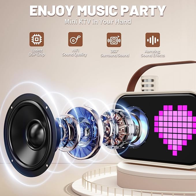 Karaoke Machine for Kids Adults, Portable Bluetooth Karaoke Speaker with 2 Wireless Microphones, Pixel Display Light, Birthday Gifts Toys for Girls & Boys Ages 3, 4, 5, 6, 7, 8, 9,10,11,12+ Years-BubblyBeeBaby