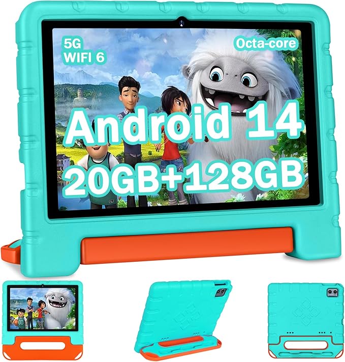 2025 Kids Tablet 10 inch Android 14 Tablets for Kid Octa-Core, 20GB+128GB (TF 1TB), Toddler Tablet with Shockproof Case, 2.4G+5G WiFi 6, Parental Control, Face Unlocked, Split Screen, BT5.0 (Green)-BubblyBeeBaby