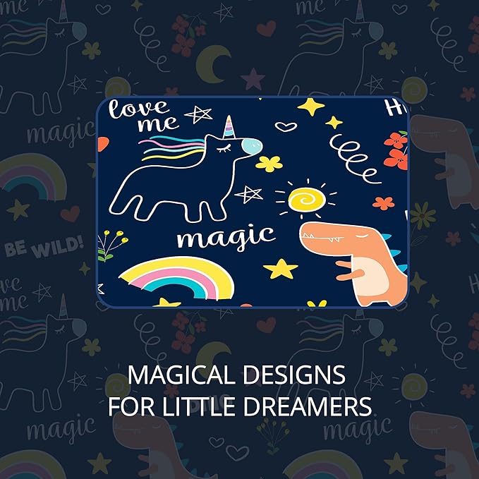 100% Blackout Curtains for Kids - Adorable Dinosaur & Unicorn Pattern, 2Panels, Each W52xL63, Thermal Insulated Noise-Reducing Drapes for Nursery, Bedroom, Playroom - Fun & Colorful Design-BubblyBeeBaby