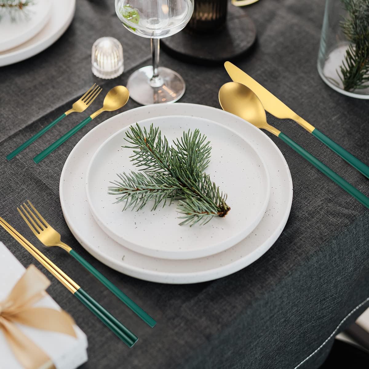 AARAINBOW 6 Pieces Stainless Steel Flatware Set Portable Reusable Cutlery Set Travel Utensils Set Including Chopsticks Knife Fork Spoon Straws Cleaning Brush Dishwasher Safe (B-Green golden)