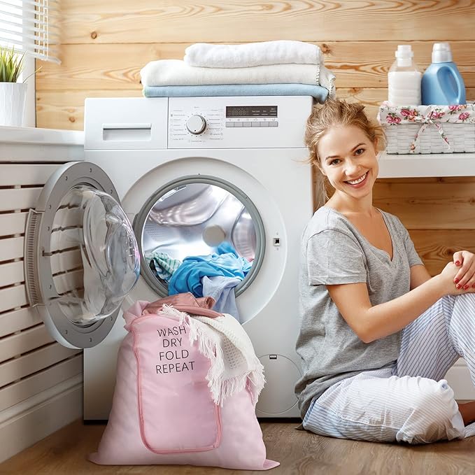 2 Pcs Travel Laundry Bag Washable Dirty Clothes Bag with Drawstring and Zipper for Suitcase, 22 x 18 Inch (Pink, Blue,Classic)-BubblyBeeBaby