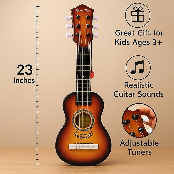 23" Acoustic Guitar, Kids 6 String Toy Guitar - Realistic Steel Strings - Beginner Practice First Musical Instrument for Children, Toddlers (Amber Sunburst)-BubblyBeeBaby