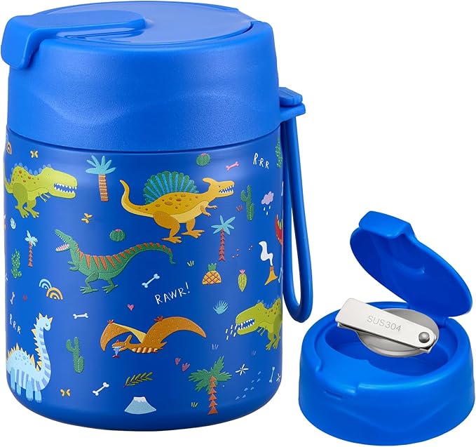 17oz Soup Thermo for Hot Food Kids,Insulated Food Jar with Spoon,Thermo Hot Food Lunch Container,Wide Mouth Leakproof Stainless Steel Lunch Box for School-Dinosaur-BubblyBeeBaby