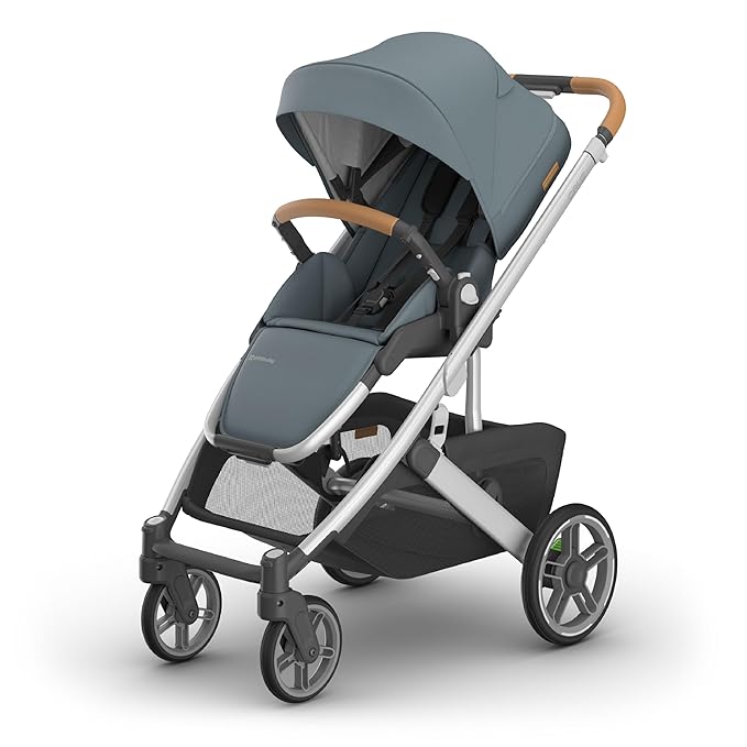 UPPAbaby Cruz V3 Stroller - from Birth + Car Seat Compatible - Full-Size, Reversible Seat - Infant Insert, Bug and Rain Shields Included - Callum (Stone Blue/Silver Frame/Sand Leather)-BubblyBeeBaby