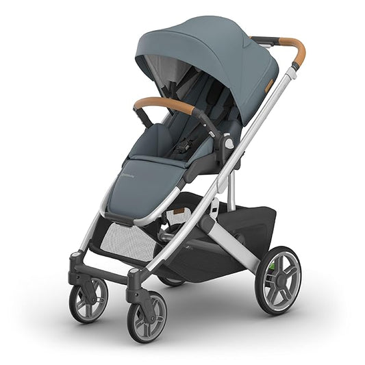 UPPAbaby Cruz V3 Stroller - from Birth + Car Seat Compatible - Full-Size, Reversible Seat - Infant Insert, Bug and Rain Shields Included - Callum (Stone Blue/Silver Frame/Sand Leather)-BubblyBeeBaby