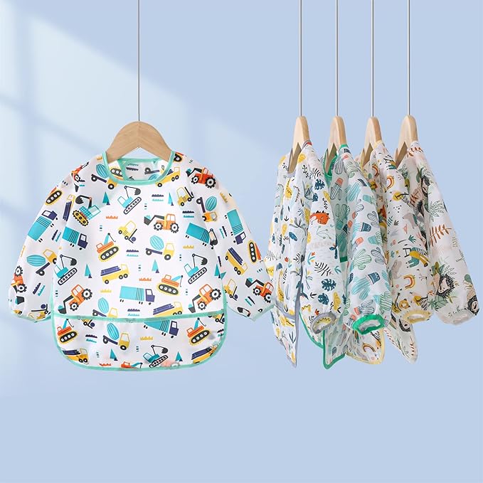 5 Pack Long Sleeve Bib,Baby Toddler Waterproof Sleeved Bib for 6-30 Months Reusable with Catch-all Pocket-BubblyBeeBaby