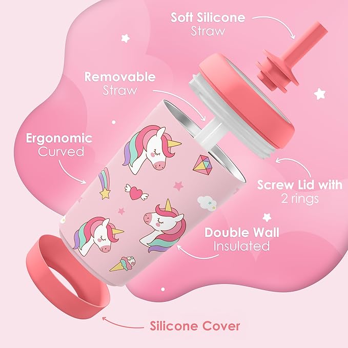 Kid Insulated Stainless Steel Tumbler with Silicone Straw, 12oz Sippy Cup for Kids (Dreamy Unicorn)-BubblyBeeBaby