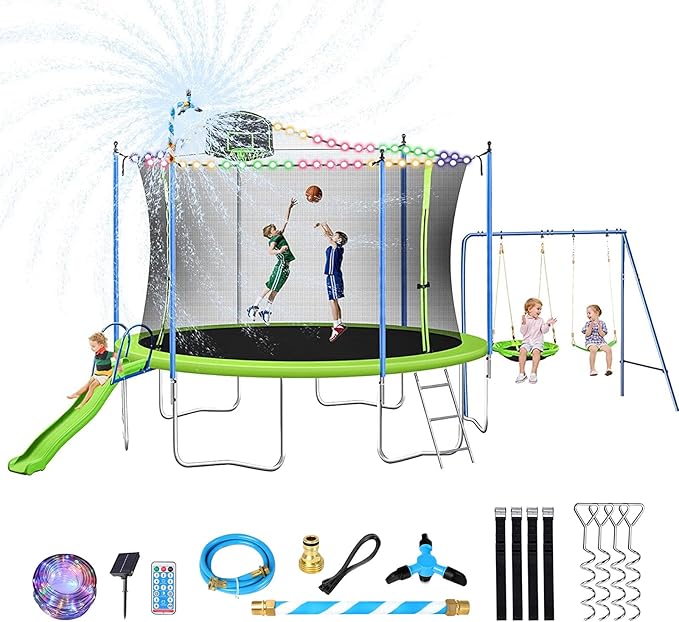 12FT 14FT Trampoline with Slide and Swings, ASTM Approved Outdoor Trampoline with Basketball Hoop and Ladder, Capacity for 5-7 Kids and Adults-BubblyBeeBaby