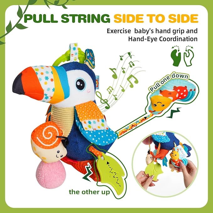 Jollybaby Musical Activity Pull String Hanging Toy for Baby Stroller Car Seat Crib Play Gym, Plush Stuffed Toucan Toy for Carseat with Music Teether Rattles, Sensory Toy for Baby Gift-BubblyBeeBaby