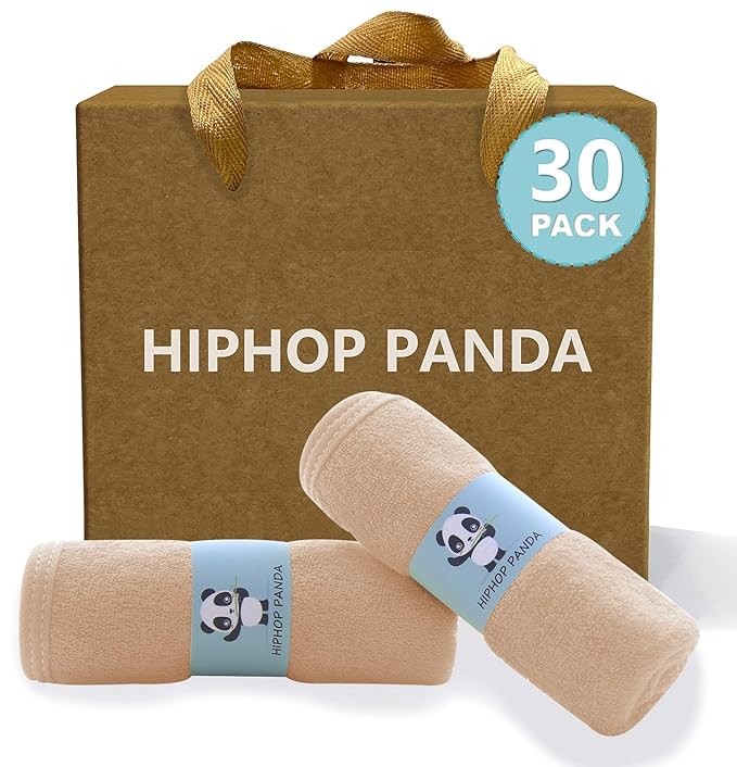 HIPHOP PANDA Baby Washcloths, Rayon Made from Bamboo - 2 Layer Ultra Soft Absorbent Newborn Bath Face Towel - Reusable Baby Wipes for Delicate Skin - Brown, 30 Pack-BubblyBeeBaby