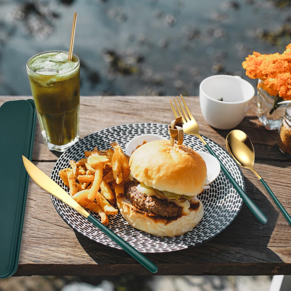 AARAINBOW 6 Pieces 18/8 Stainless Steel Flatware Set Portable Reusable Cutlery Set Travel Utensils Set Including Chopsticks Knife Fork Spoon Straws Cleaning Brush Dishwasher Safe (Green golden)