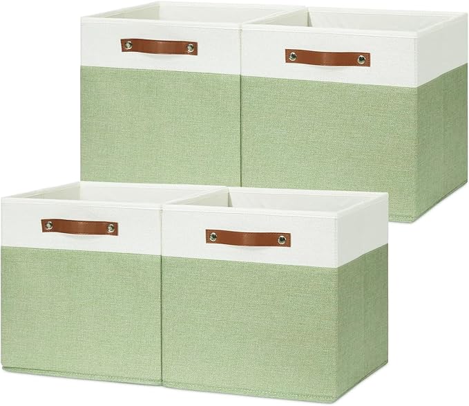 HNZIGE Fabric Cube Storage Bins 13x13 Set of 4 Canvas Storage Baskets for Shelves Collapsible Storage Bins for Organizing Clothes Closet Toy Nursery Cubby(Green&White)-BubblyBeeBaby