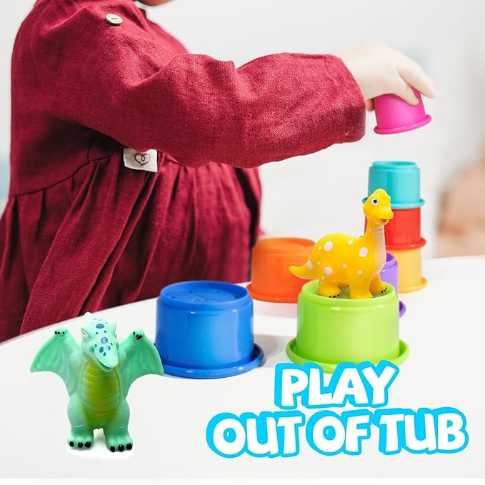 Hely Cancy No Hole Baby Dinosaur Bath Toys for Toddler, Mold Free Kids Bathtub Pool Toys (Dino+Cup)-BubblyBeeBaby