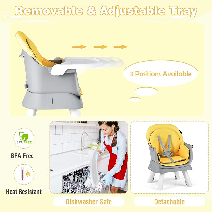 HONEY JOY 8 in 1 Baby High Chair, Convertible Highchair for Babies and Toddlers/Table and Chair Set/Building Block Table/Booster Seat/Stool/Toddler Chair with Safety Harness(Yellow)-BubblyBeeBaby