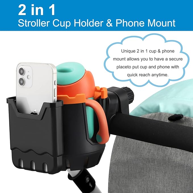 Accmor Stroller Cup Holder with Phone Holder, Universal Cup Holder, Bike Cup Holder, 360° Rotatable Large Caliber Drinks Holder for Stroller, Bike, Wheelchair, Walker-BubblyBeeBaby