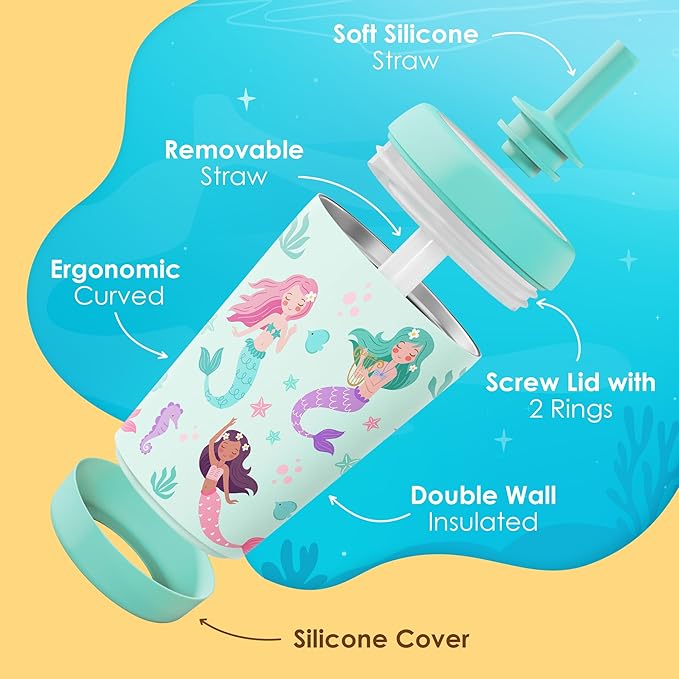 Kid Insulated Stainless Steel Tumbler with Silicone Straw, 12oz Sippy Cup for Kids (Magical Mermaids)-BubblyBeeBaby