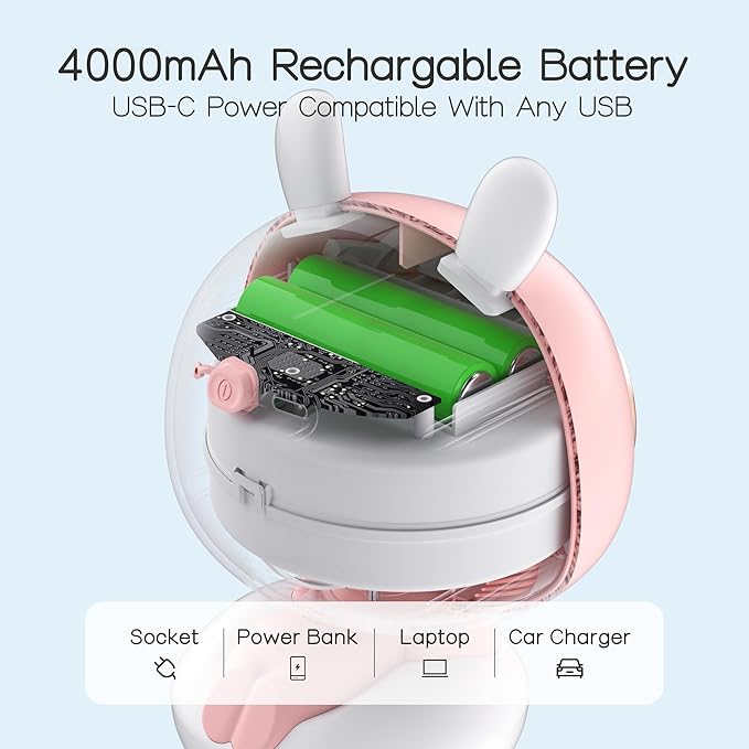 Cute Bunny Stroller Fan Clip On for Baby, Bladeless Fan 4000mAh Rechargeable Battery Operated, Flexible Tripod, 4 Speeds, Auto Oscillating, Small Cooling Fan for Kids-BubblyBeeBaby