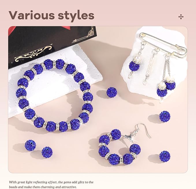 105pcs 10mm Rhinestone Beads for Jewelry Making, Dark Blue Shiny Round Disco Ball Beads Bulk, Sparkle Crystal Clay Christmas for Bracelet Baseball Necklace Earring Crafting and DIY-BubblyBeeBaby