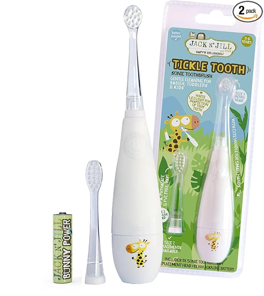 Jack N' Jill Kids Tickle Tooth Sonic Electric Toothbrush and Replacement Head, LED Brush Head with Light Timer and 30 Second Pulse Reminder, Extra Soft Bristles Suitable from 0-6 Years-BubblyBeeBaby